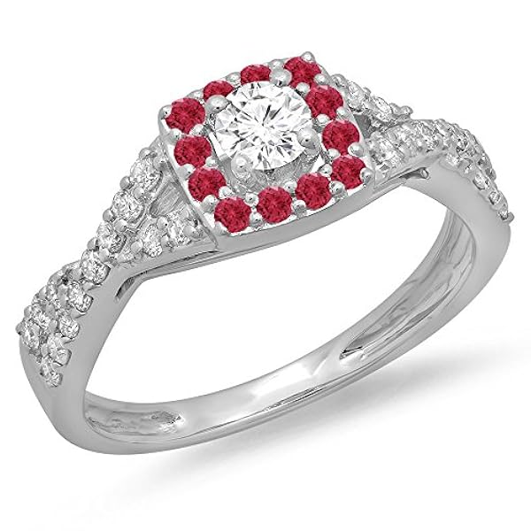 Små skatter 14 karat vitt guld runt skuren äkta rubin och vit diamant brud virvel delad skaft förlovningsring